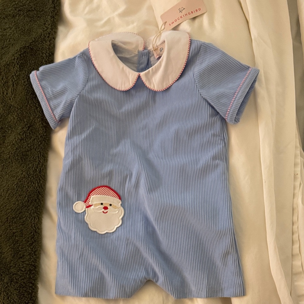 NWT Smockingbird Blue Baby Romper with Santa Pocket
